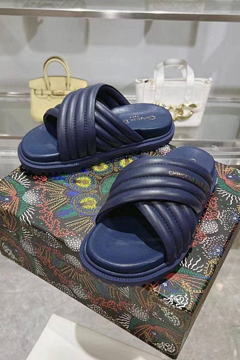 Женские кожаные шлёпанцы Dior D-Cross - Blue   