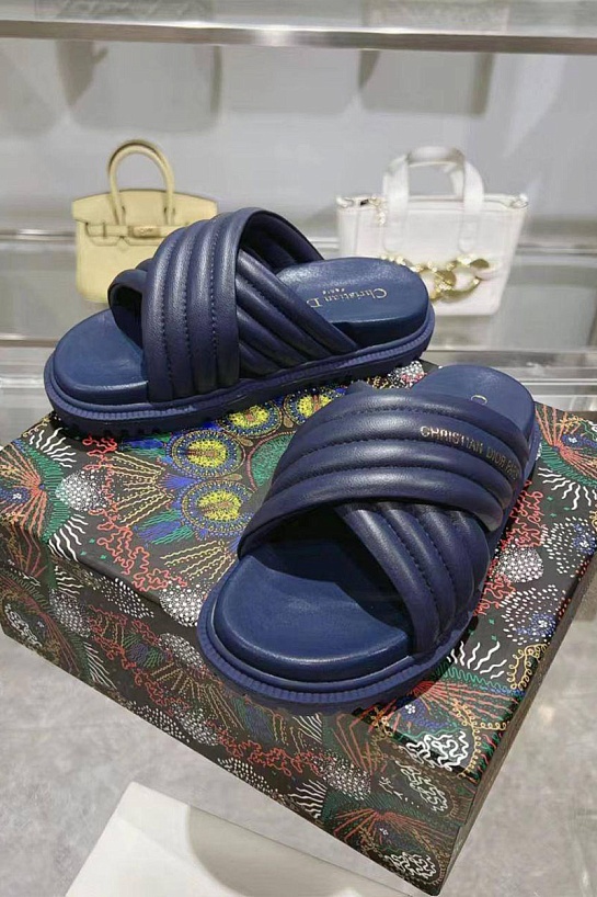 Женские кожаные шлёпанцы Dior D-Cross - Blue