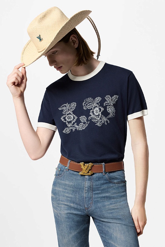 Мужская тёмно-синяя футболка Louis Vuitton Premium Intarsia floral