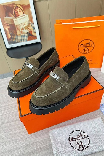 Женские замшевые лоферы Hermes Premium - Green   