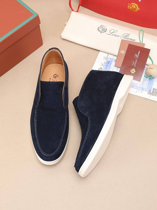 Замшевые лоферы с меховой стелькой Loro Piana Open Walk - Navy