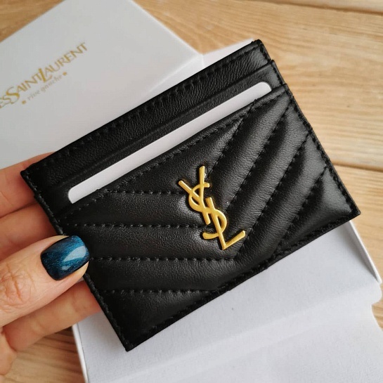 Кожаный чёрный кардхолдер Yves Saint Laurent 10.5x7.8 см