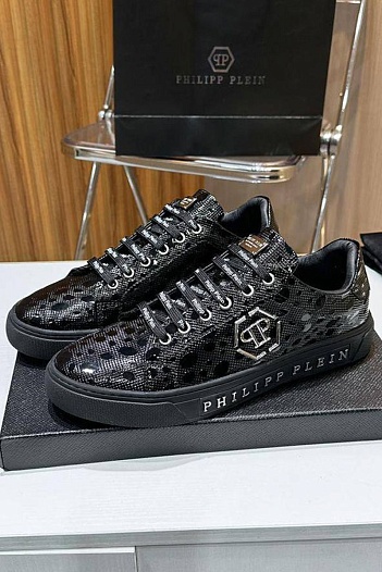 Мужские кожаные кроссовки Philipp Plein чёрного цвета   
