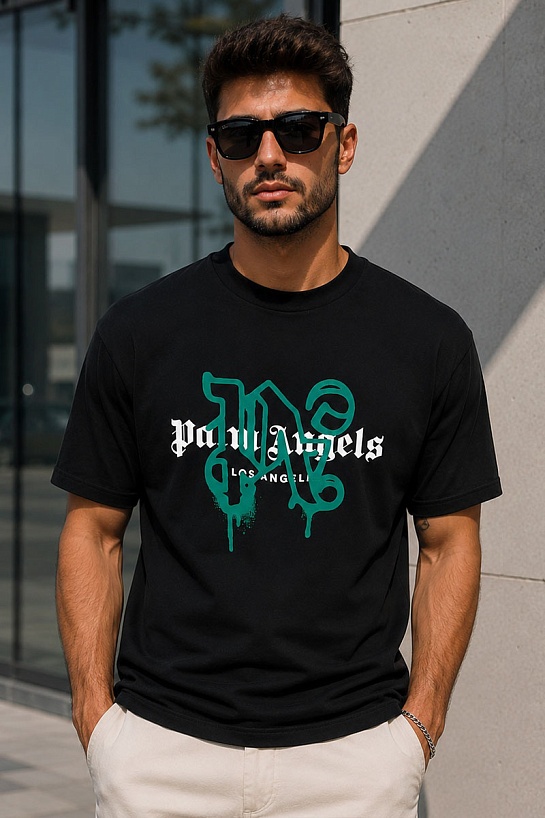 Чёрная футболка Palm Angels Los Angeles monogram spray