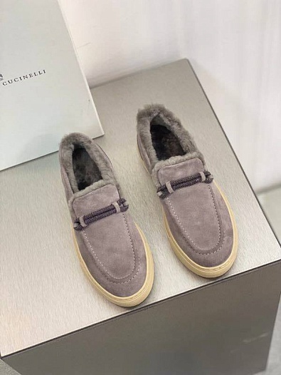 Женские замшевые лоферы с мехом Brunello Cucinelli Premium - Grey   