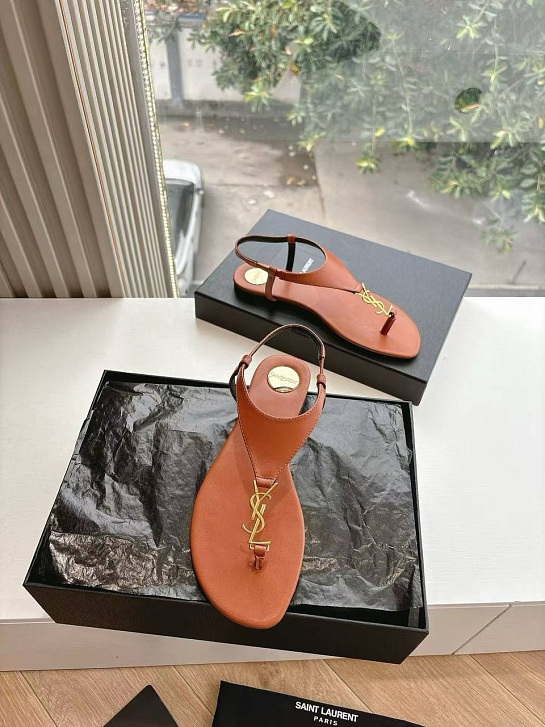 Женские кожаные сандалии Yves Saint Laurent Premium - Brown