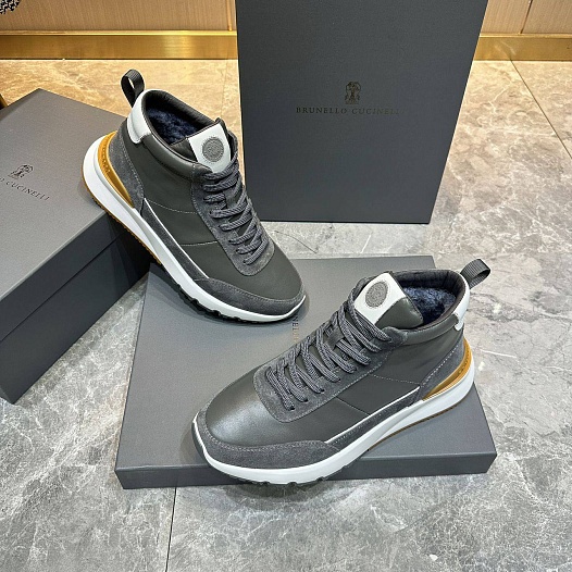 Кожаные кроссовки с мехом Brunello Cucinelli high-top - Grey   