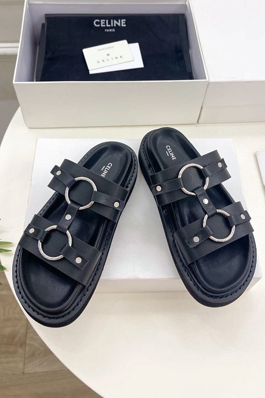 Женские кожаные шлёпанцы Celine Tippi - Black