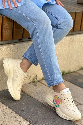 Женские кожаные кроссовки Gucci Rhyton Heart - Beige   