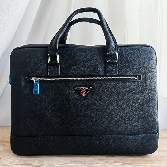 Мужская кожаный портфель Prada 38x28 см - Black