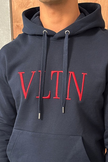 Мужское тёмно-синее худи Valentino logo-embroidered   