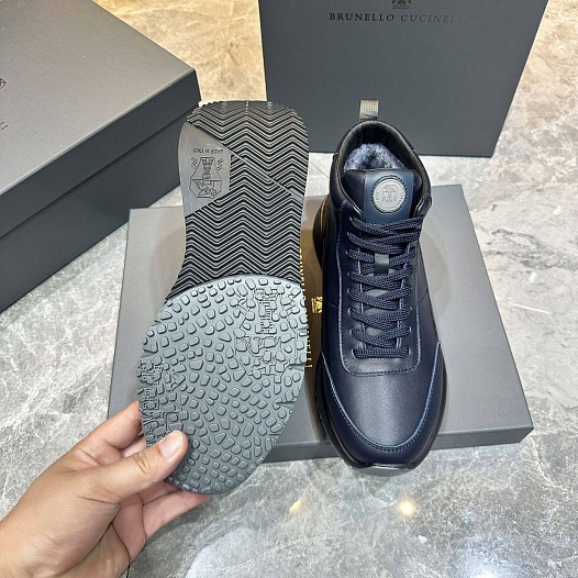 Кожаные кроссовки с мехом Brunello Cucinelli high-top - Navy   