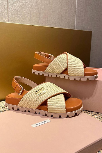 Женские кожаные сандалии MIU MIU Premium - Brown   