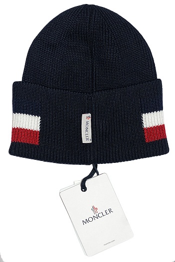 Мужская брендовая шапка Moncler тёмно-синего цвета   