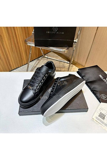 Мужские кожаные кроссовки Philipp Plein чёрного цвета   