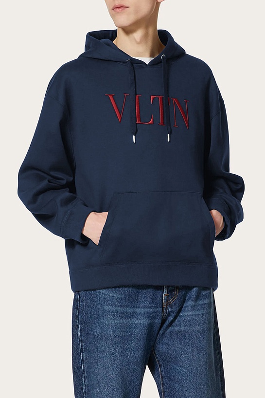 Мужское тёмно-синее худи Valentino logo-embroidered