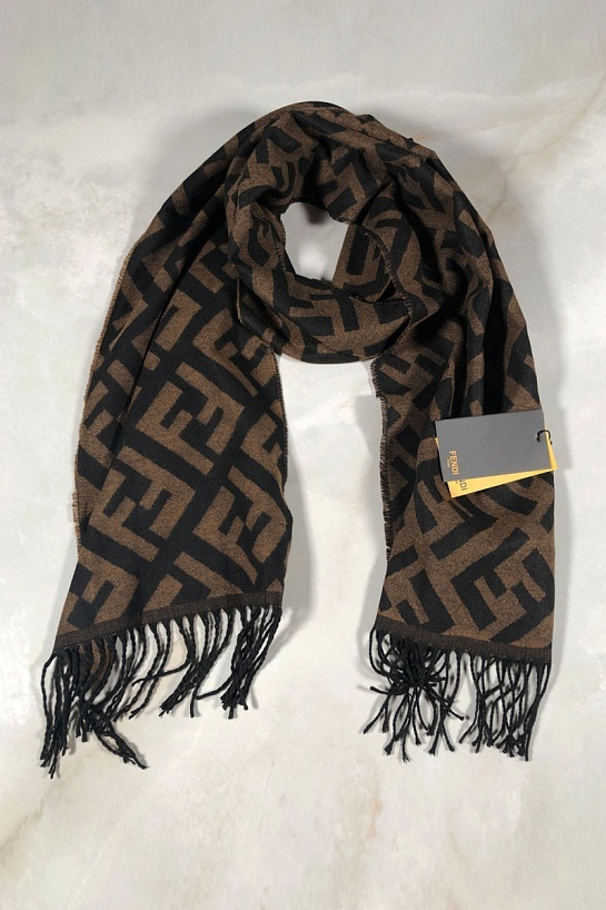 Мужской тёмно-коричневый шарф Fendi FF Monogram 185x35 см