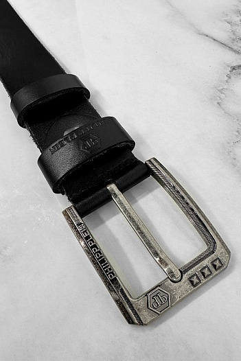 Кожаный чёрный ремень Philipp Plein с эффектом потертости   