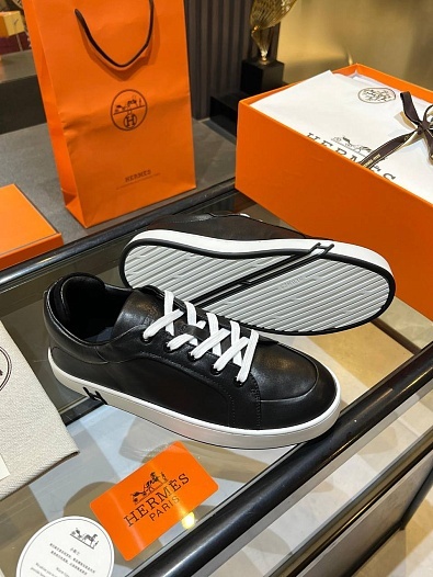 Женские кожаные кроссовки Hermes Premium - Black   