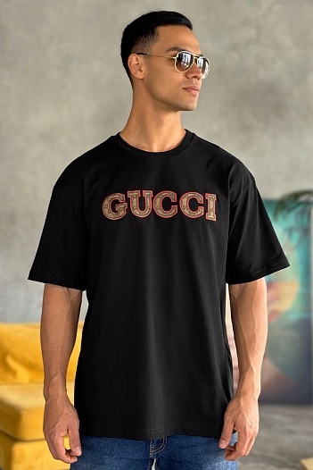 Брендовая оверсайз футболка Gucci чёрного цвета   