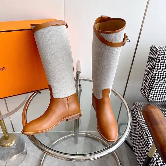 Женские кожаные сапоги Hermes Premium - Brown / White