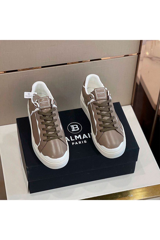 Коричневые кожаные кроссовки Balmain