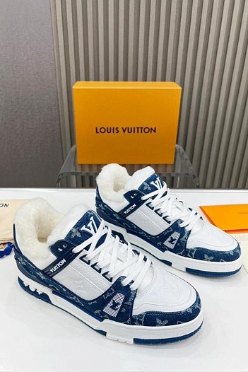 Кожаные кроссовки с мехом Louis Vuitton Trainer Monogram - White / Blue   