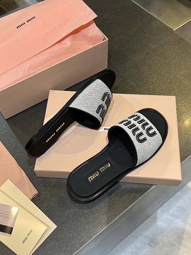 Женские кожаные шлёпанцы MIU MIU Premium - Black   