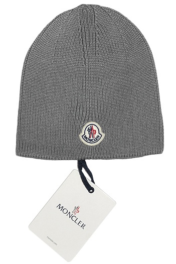 Мужская брендовая шапка Moncler серого цвета   