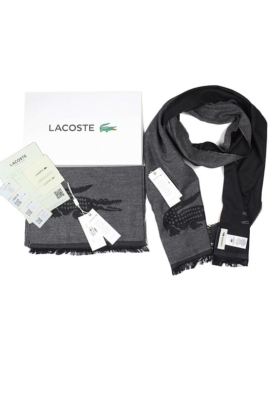 Мужской чёрно-серый шарф Lacoste 185х35 см