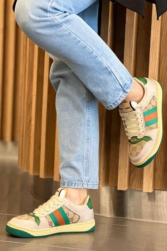 Женские кожаные кроссовки Gucci GG Screener - Beige / Green
