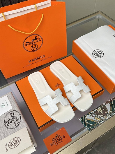 Женские кожаные шлёпанцы Hermes Premium - White   