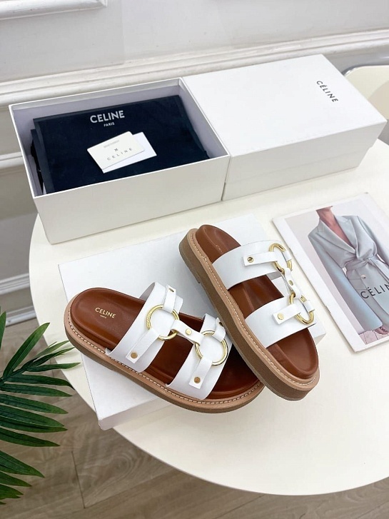 Женские кожаные шлёпанцы Celine Tippi - White