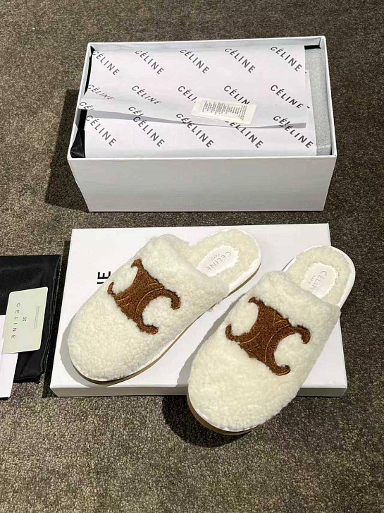 Женские меховые шлёпанцы Celine Triomphe premium