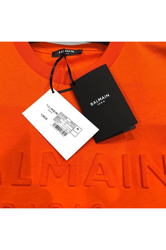 Оранжевая футболка Balmain Paris embossed-logo