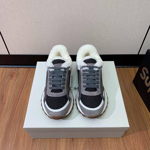 Женские замшевые кроссовки с мехом Brunello Cucinelli premium   