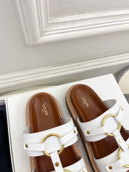 Женские кожаные шлёпанцы Celine Tippi - White