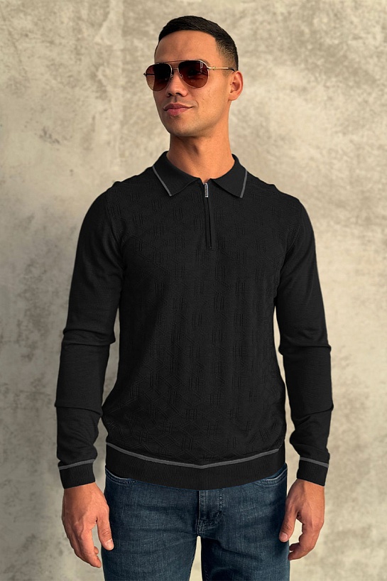 Чёрное поло с длинным рукавом Stefano Ricci zip-up