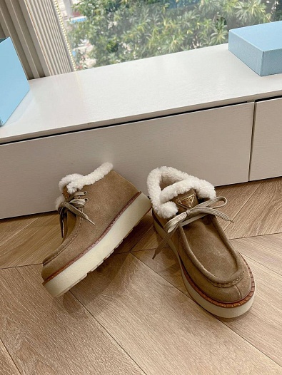 Женские замшевые ботинки с мехом Prada Premium - Brown   