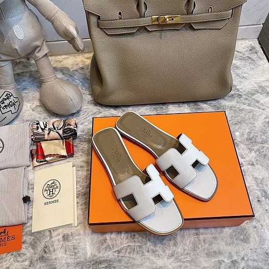Женские кожаные шлёпанцы Hermes Premium - White   