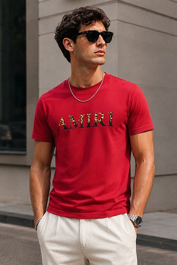 Красная мужская футболка Amiri Leopard Logo   