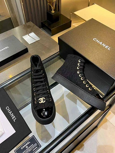 Женские комбинированные кроссовки Chanel High Top premium   