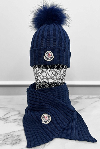 Комплект из шапки и шарфа синего цвета Moncler logo-patch   