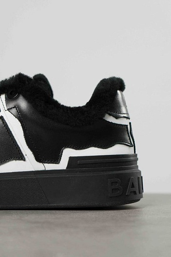 Кожаные кроссовки с мехом Balmain low-top - Black / White   