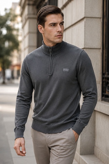 Серый джемпер Hugo Boss Zip Neck logo-embroidered   