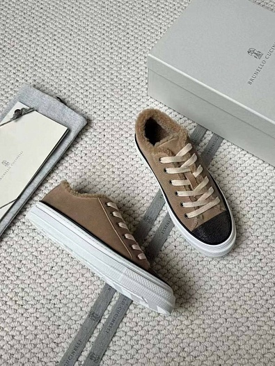 Женские кроссовки с мехом Brunello Cucinelli Premium - Beige   