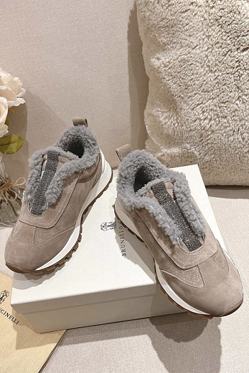 Женские замшевые кроссовки с мехом Brunello Cucinelli Premium   