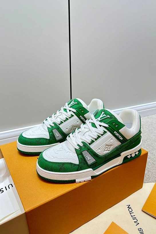 Кожаные кроссовки Louis Vuitton Trainer Monogram - White / Green