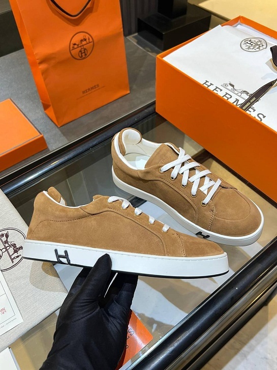 Женские замшевые кроссовки Hermes Premium - Chestnut