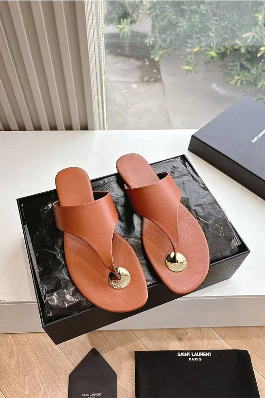 Женские кожаные шлёпанцы Yves Saint Laurent Premium - Brown